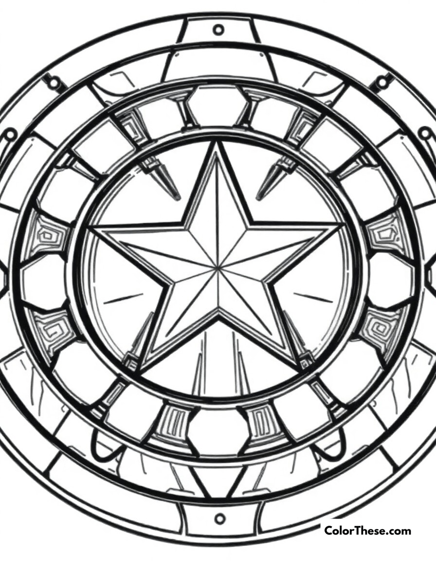 Free printable captain america shield design coloring page for kids and adults - A a detailed close-up of captain america's iconic vibranium shield with all its patterns.