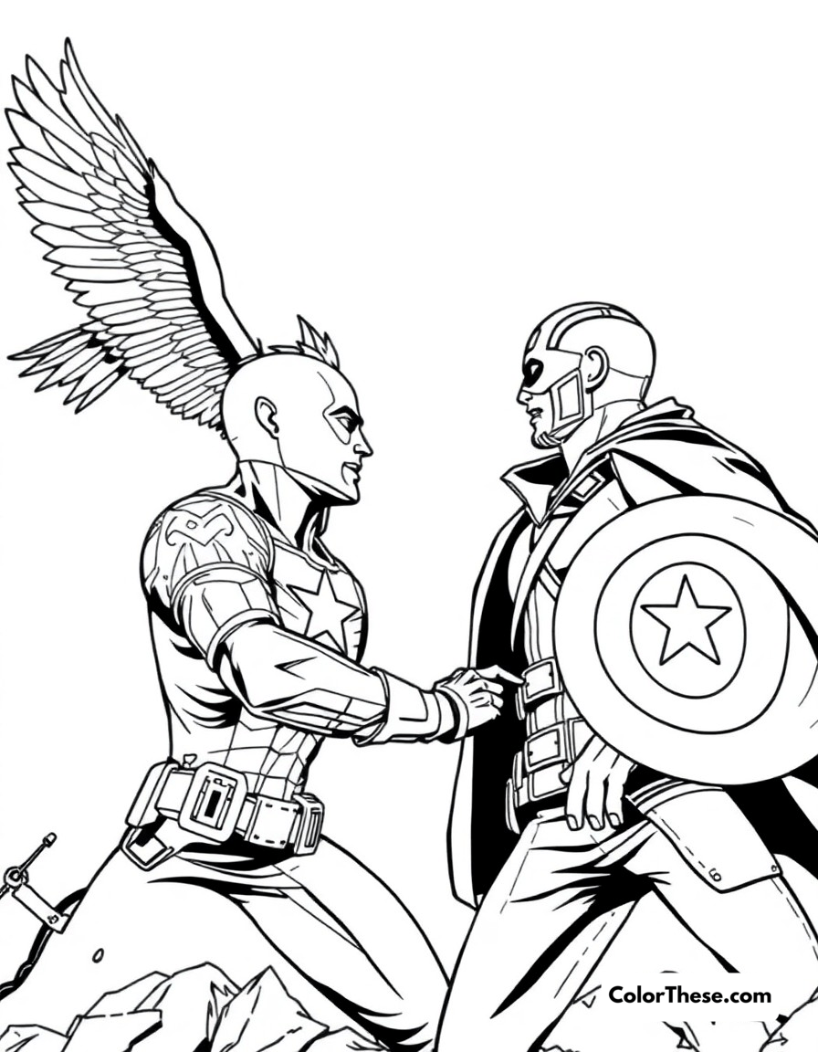 Free printable captain america team up coloring page for kids and adults - A cap fighting alongside falcon and winter soldier.