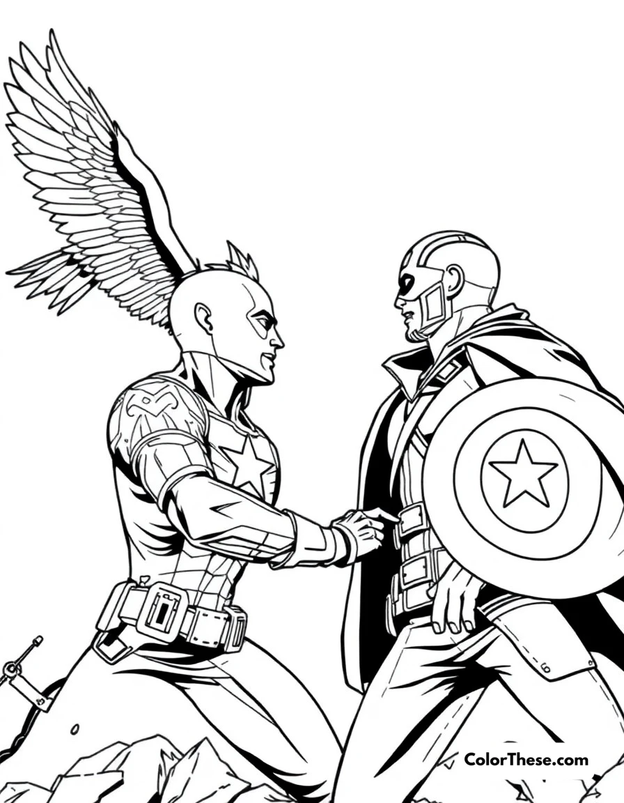 Free printable captain america team up coloring page. Cap fighting alongside Falcon and Winter Soldier.