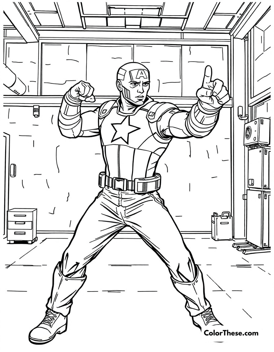 Free printable captain america training coloring page for kids and adults - A steve rogers demonstrating combat moves in the training facility.