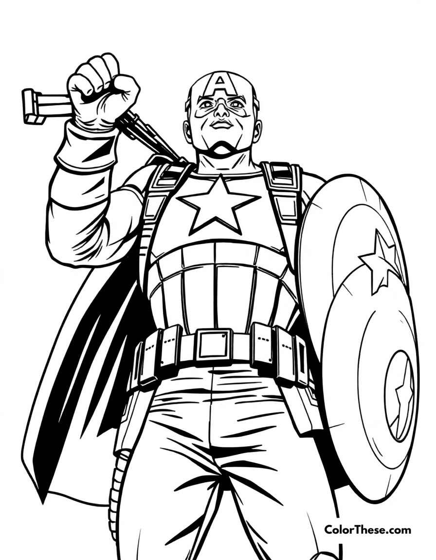 Free printable captain america victory pose coloring page for kids and adults - A a triumphant captain america after successfully completing a mission.