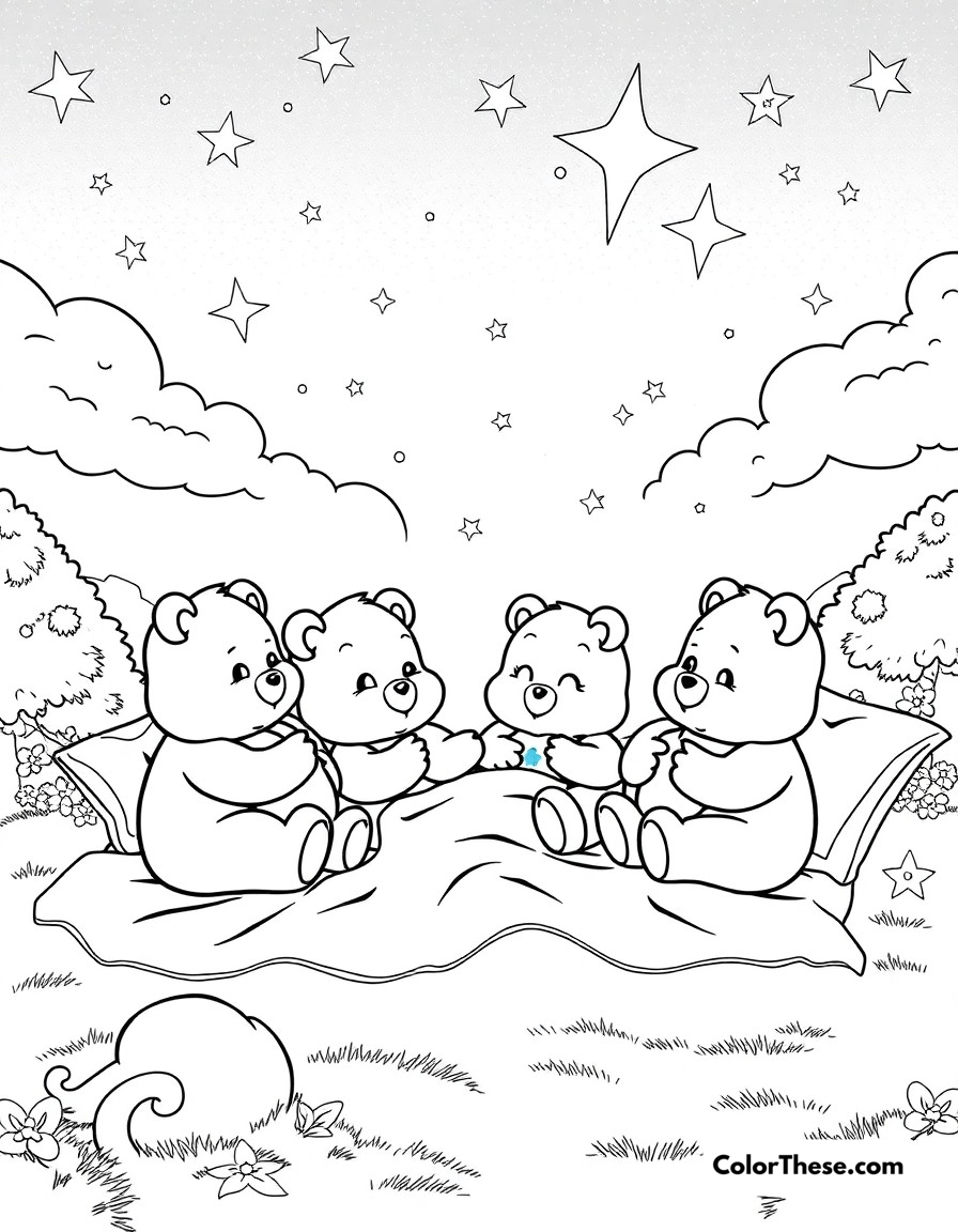 Free printable care bears bedtime coloring page for kids and adults - A the care bears getting ready for bed under a starlit sky in care-a-lot.