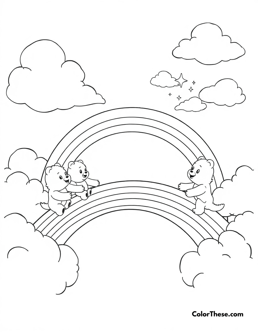 Free printable care bears rainbow bridge coloring page for kids and adults - A care bears crossing a magical rainbow bridge between clouds in care-a-lot.