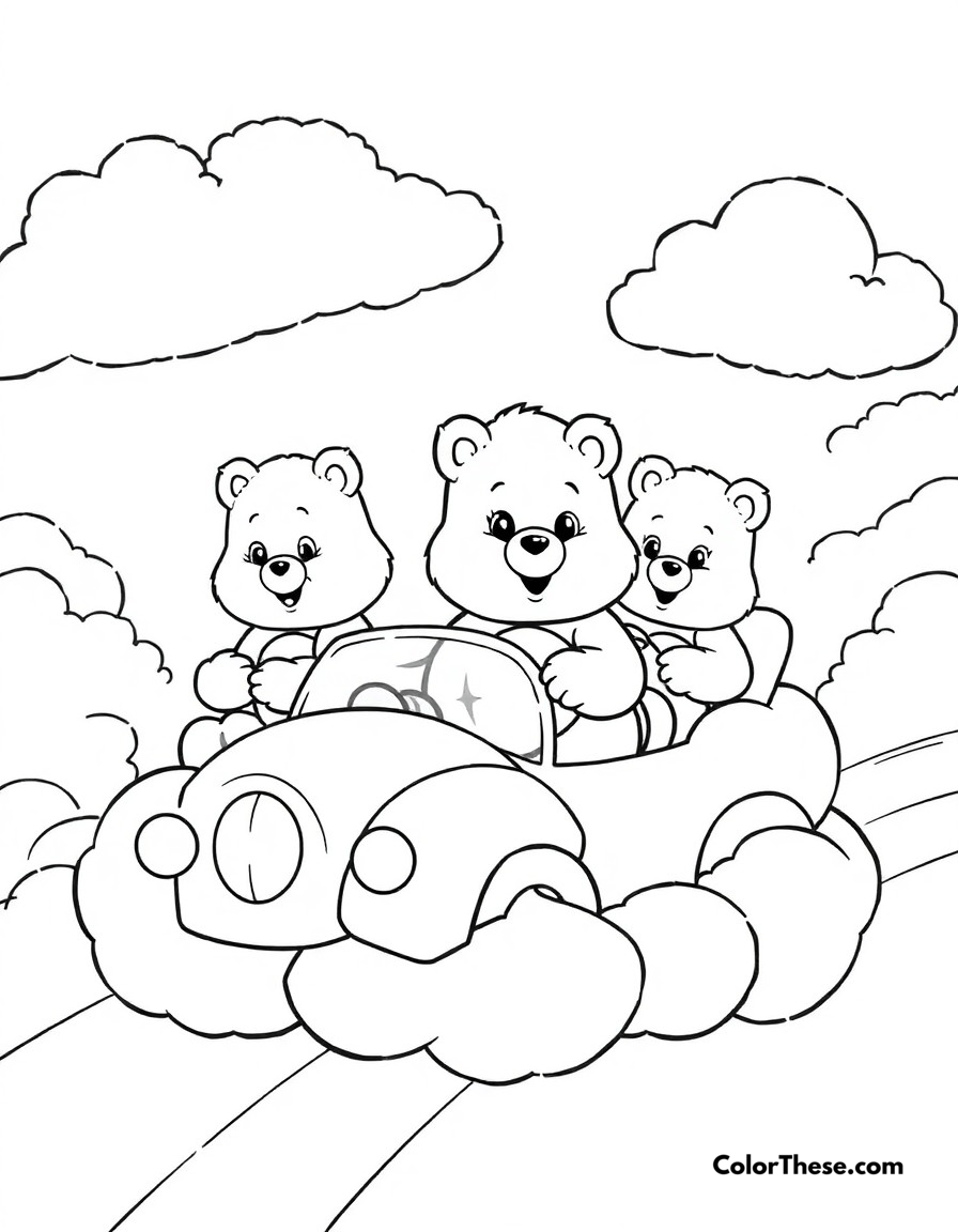 Free printable care bears cloud cars coloring page for kids and adults - A the care bears driving their fluffy cloud cars through the sky.