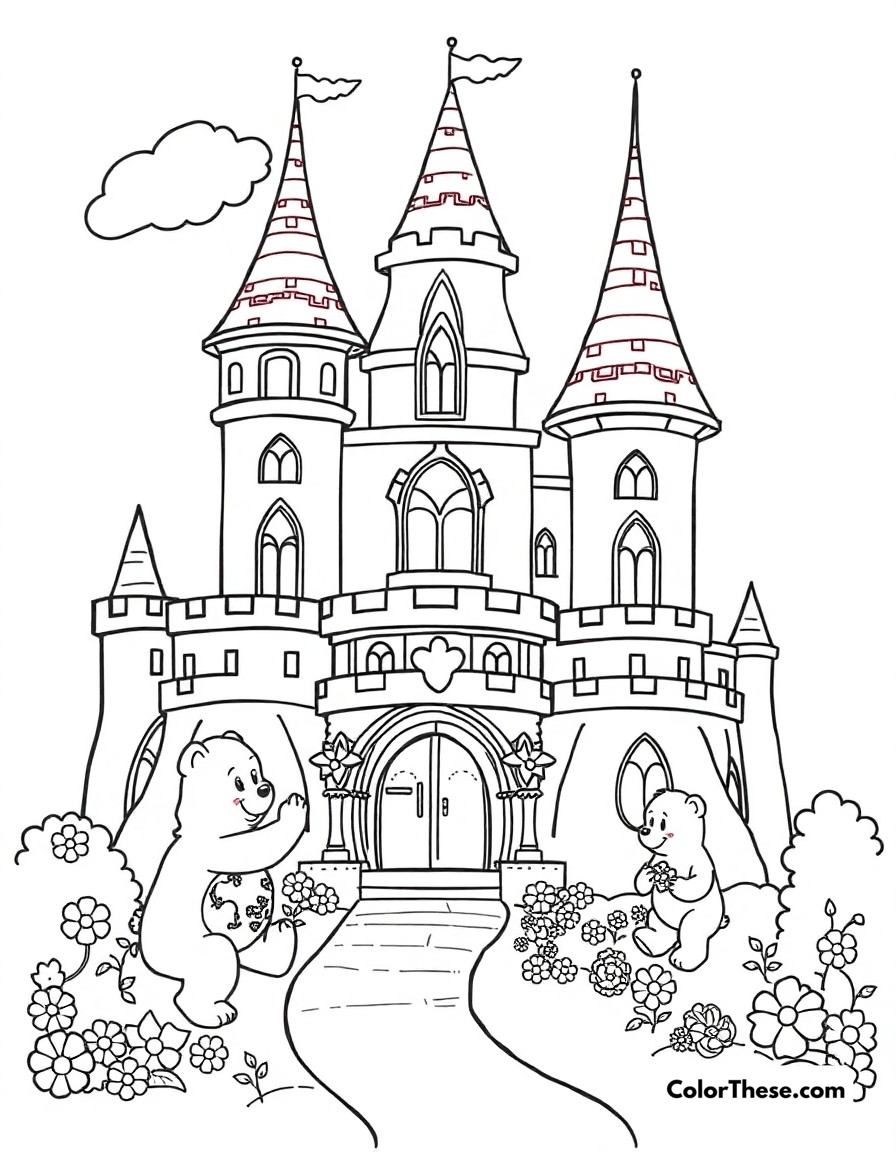 Free printable care bears care-a-lot castle coloring page for kids and adults - A the magical castle in care-a-lot where the care bears live and plan their caring missions.