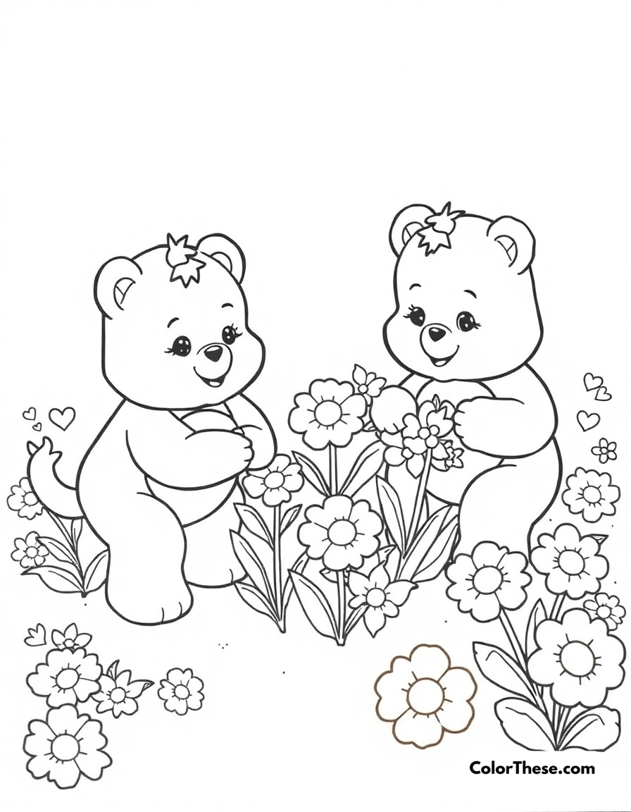 Free printable care bears caring garden coloring page for kids and adults - A the care bears tending to their special garden of caring flowers.