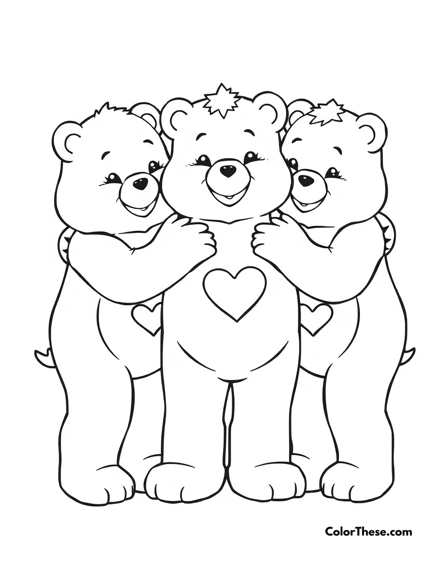 Free printable care bears group hug coloring page for kids and adults - A the care bears sharing a warm group hug, their belly badges glowing with love.