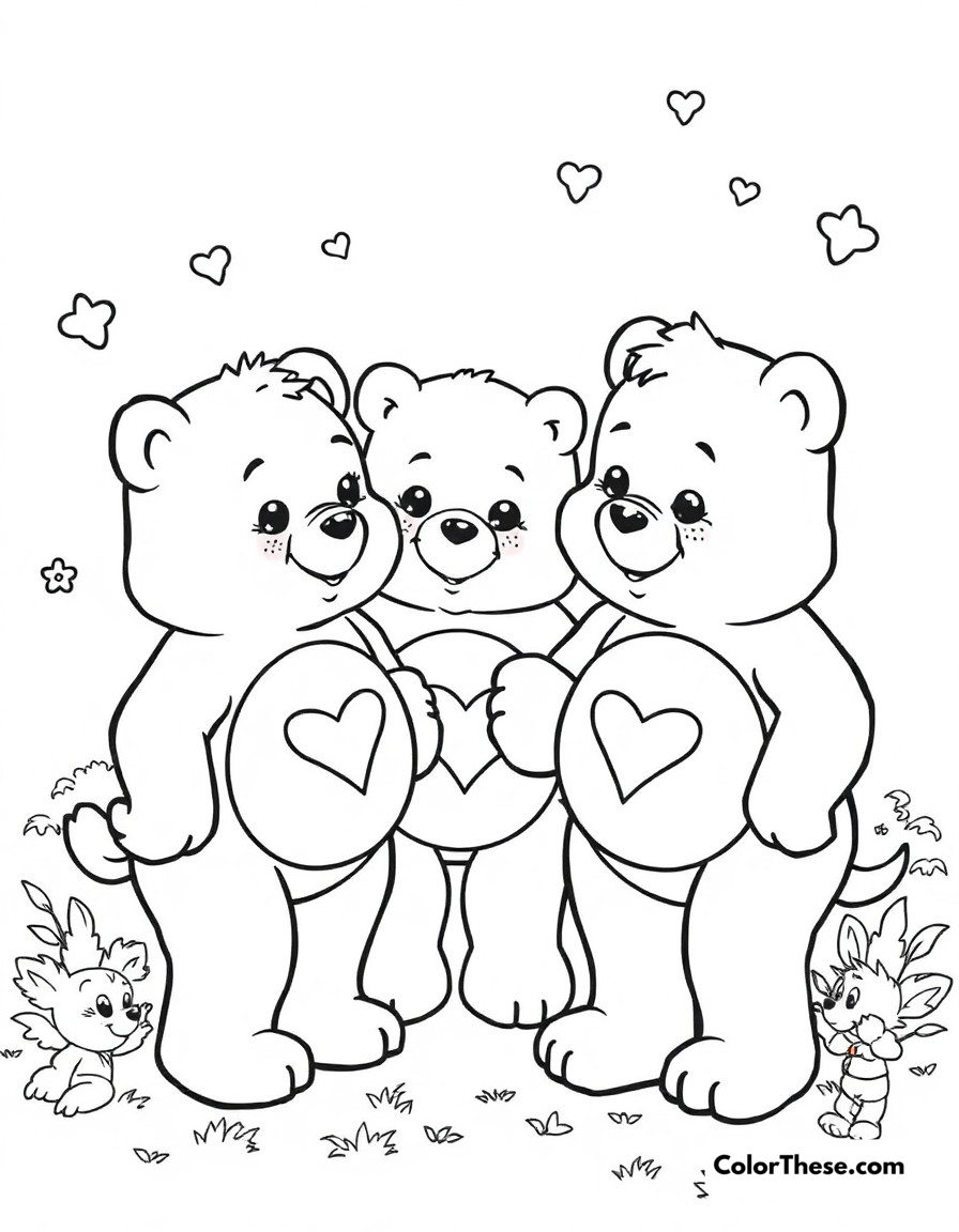 Free printable care bears caring mission coloring page for kids and adults - A care bears using their belly badge powers to help someone in need.