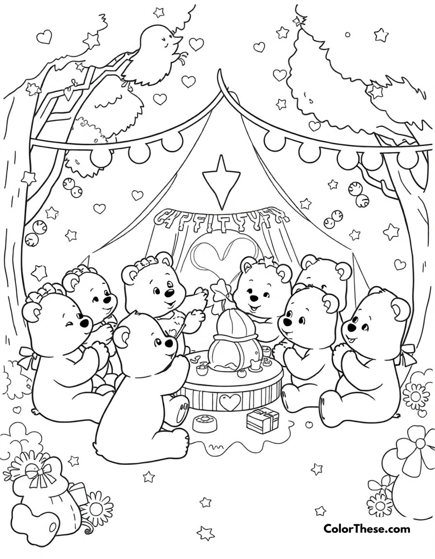 Free printable care bears cloud party coloring page for kids and adults - A a festive celebration in care-a-lot with all the care bears enjoying treats and games.