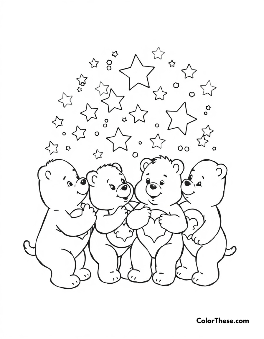 Free printable care bears star catching coloring page for kids and adults - A care bears gathering twinkling stars to spread caring throughout the world.