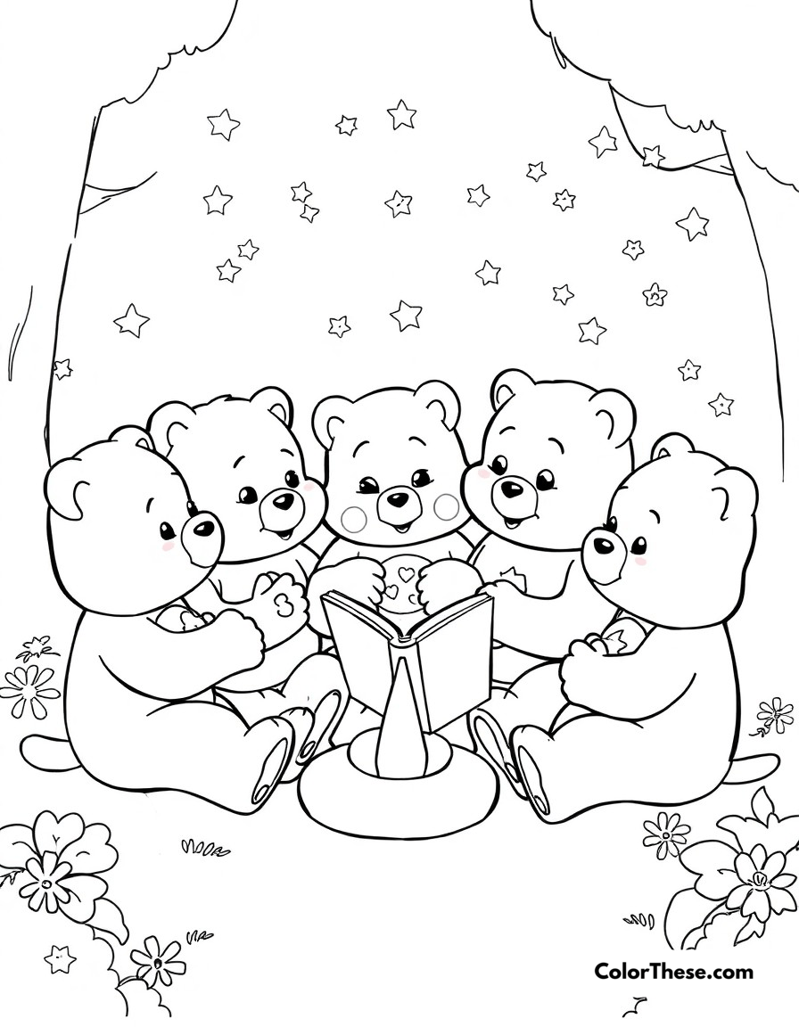 Free printable care bears story time coloring page for kids and adults - A care bears gathered around for story time, sharing tales of caring adventures.