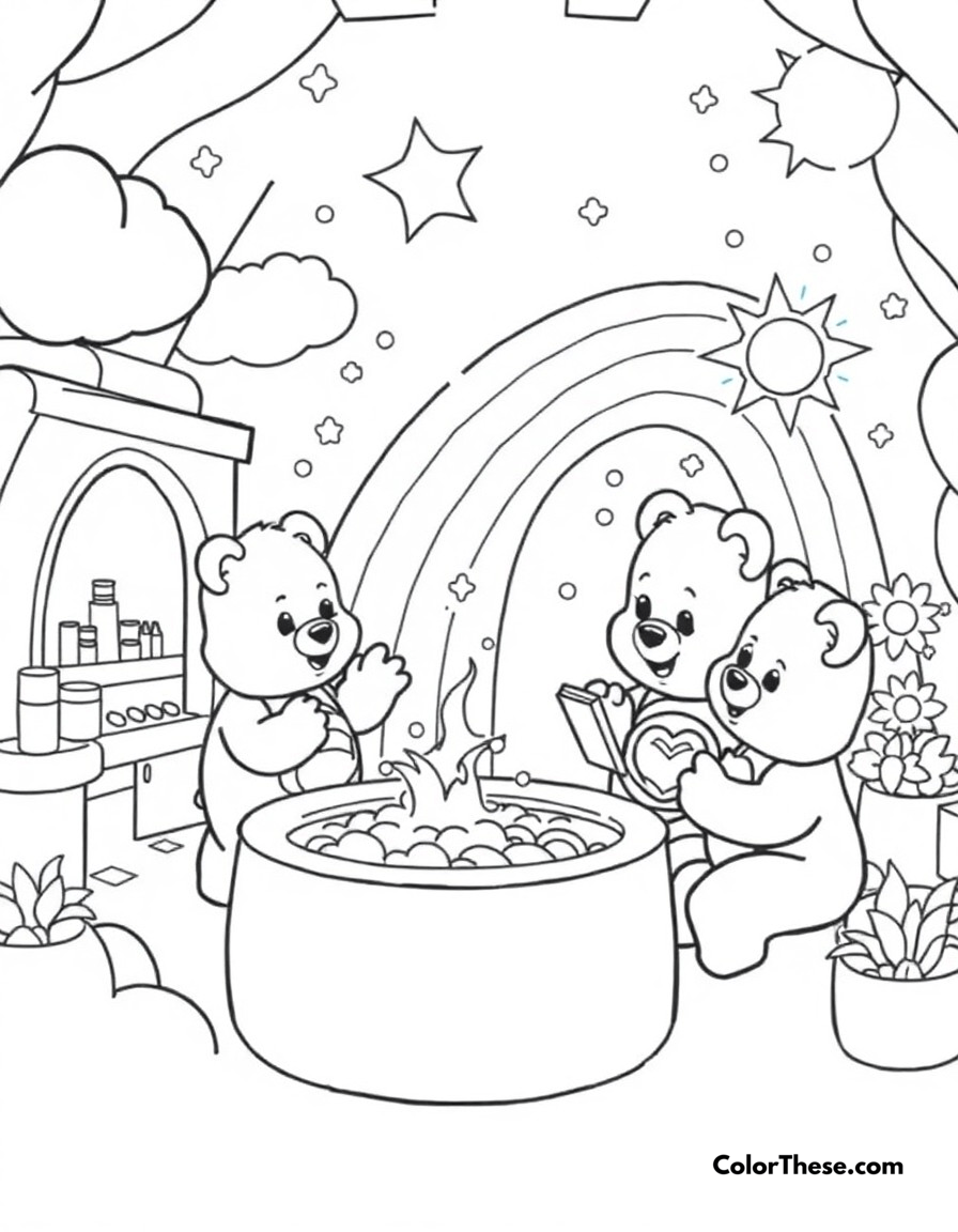 Free printable care bears weather factory coloring page for kids and adults - A the care bears working in the magical weather factory creating rainbows and sunshine.