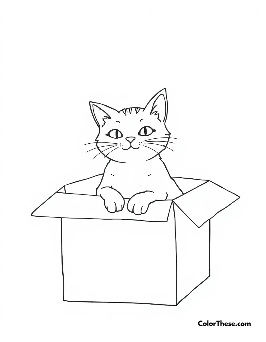 Free printable cat box sitting coloring page for kids and adults - A a cat making itself comfortable in a cardboard box, as cats love to do.