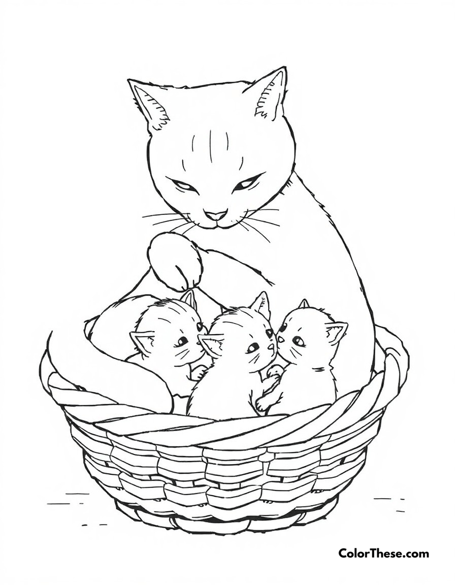 Free printable cat family time coloring page for kids and adults - A a mother cat grooming her adorable kittens in a cozy basket.