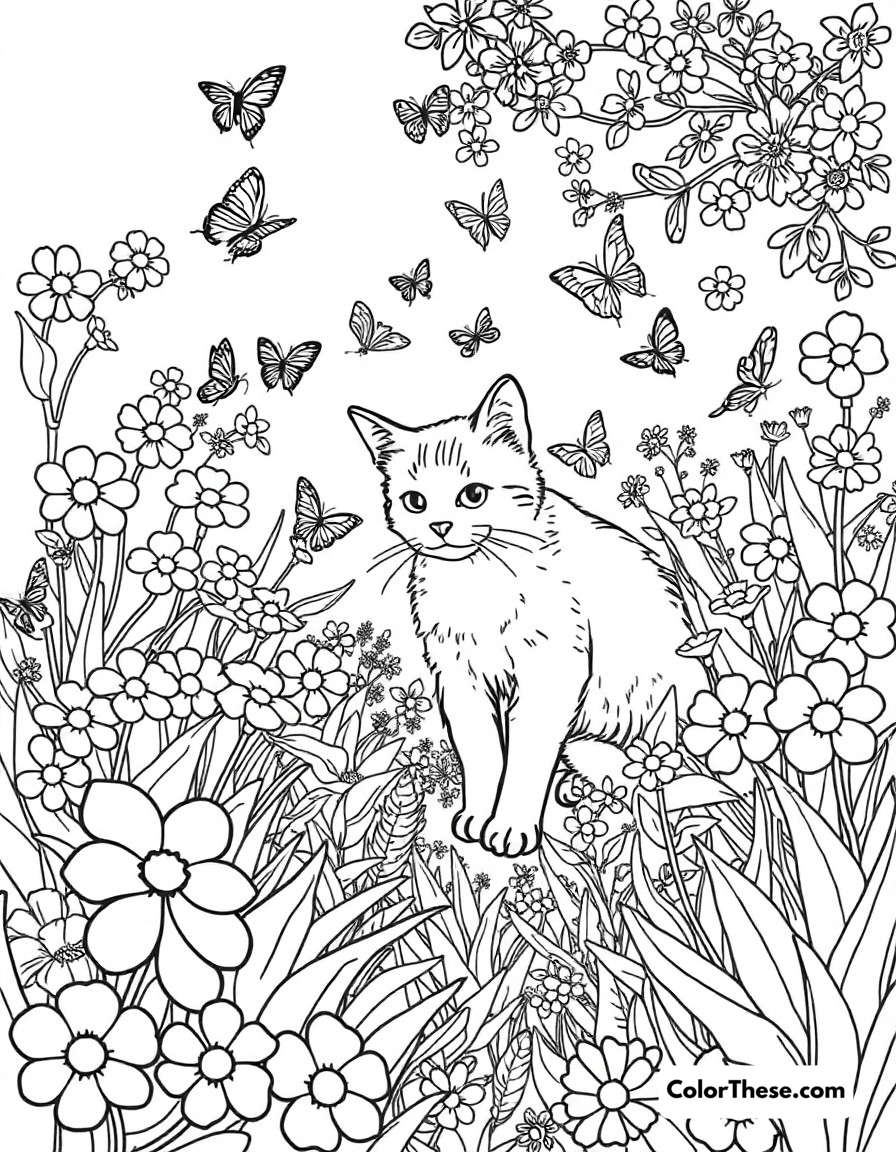 Free printable cat garden adventure coloring page for kids and adults - A a cat exploring a garden filled with flowers and butterflies.