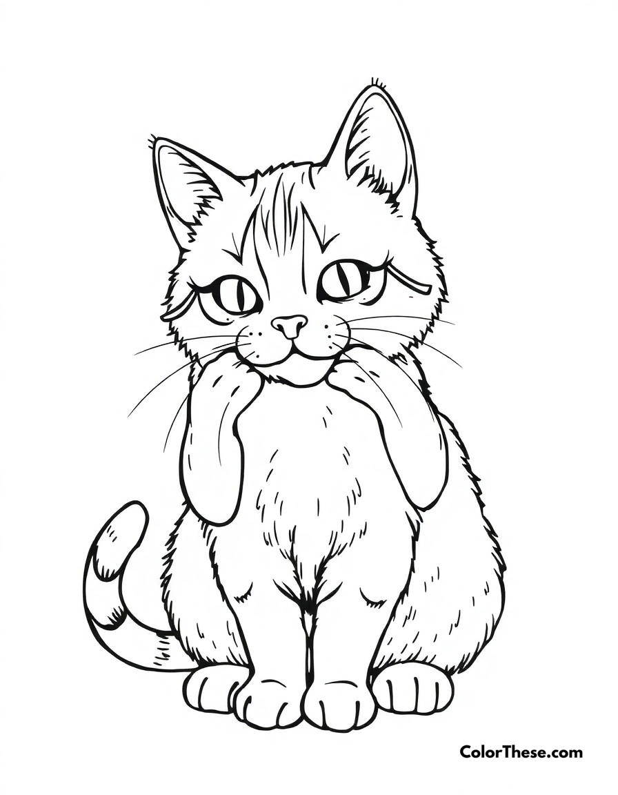 Free printable cat bath time coloring page for kids and adults - A a cat carefully grooming itself, showing its cleaning routine.