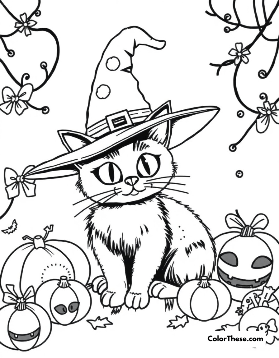 Free printable cat halloween fun coloring page for kids and adults - A a black cat with a witch hat surrounded by halloween decorations.