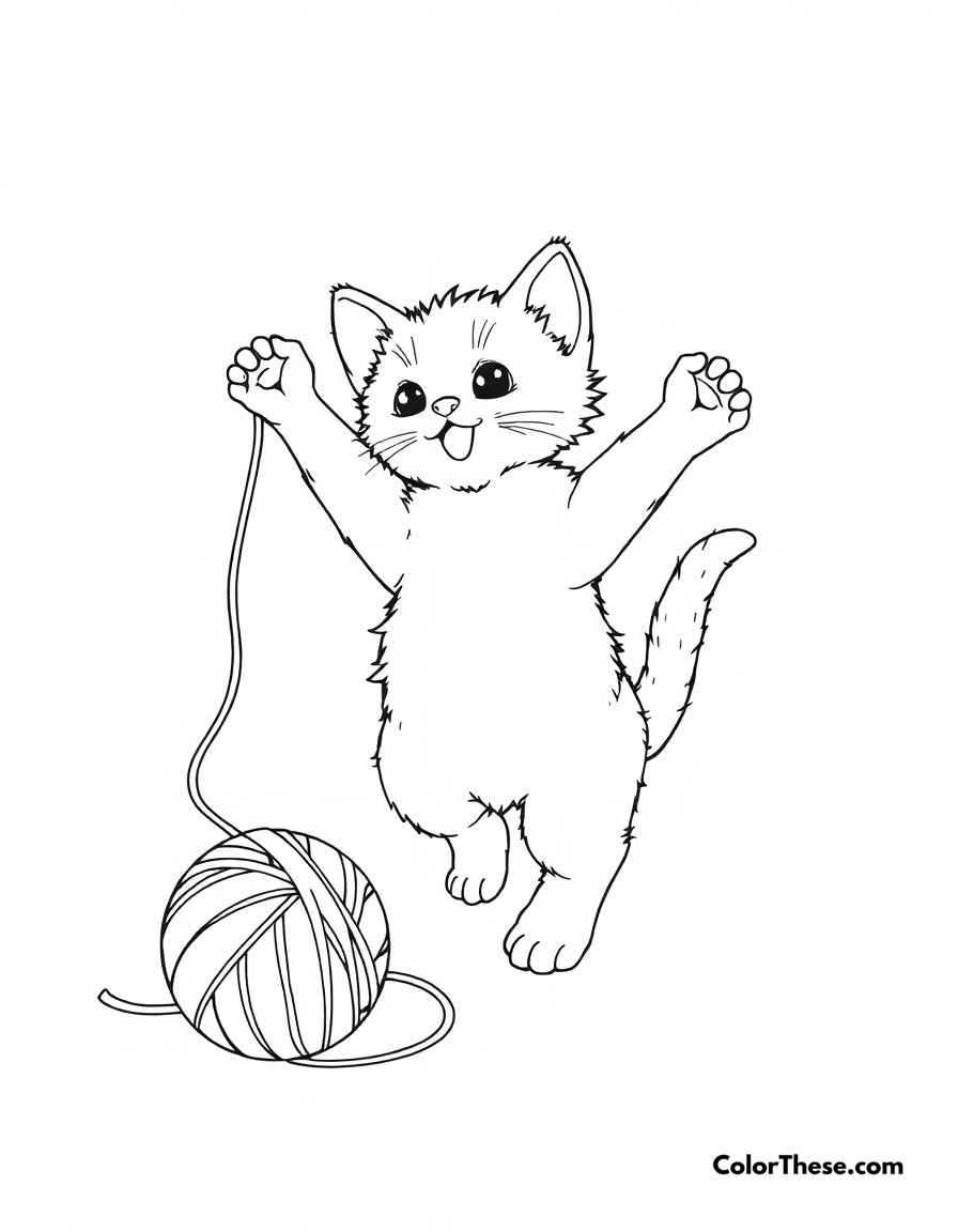 Free printable cat playtime coloring page for kids and adults - A a playful kitten chasing a ball of yarn, showing off its acrobatic skills.