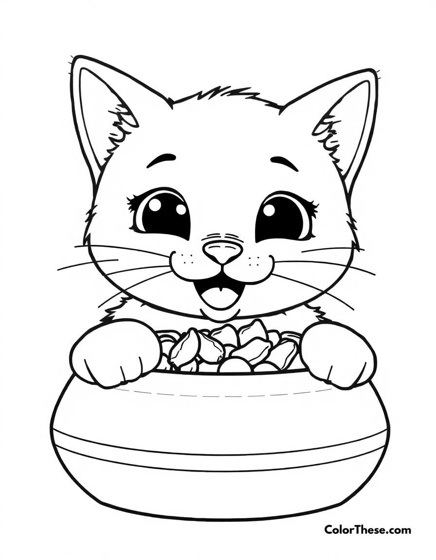 Free printable cat treat time coloring page for kids and adults - A a happy cat enjoying its favorite treats from a special bowl.