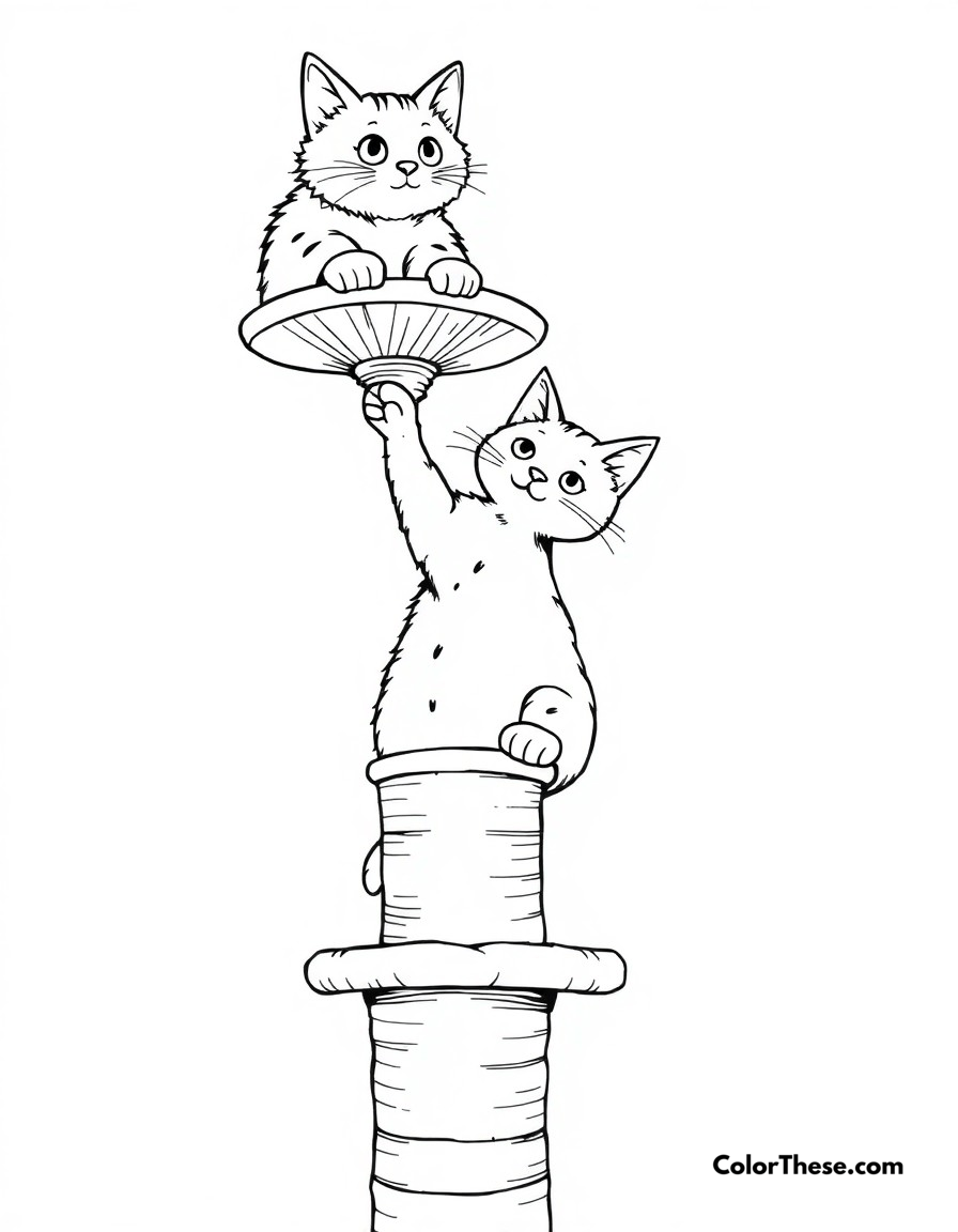 Free printable cat tree climbing coloring page for kids and adults - A an adventurous cat climbing its cat tree, ready to reach the top perch.