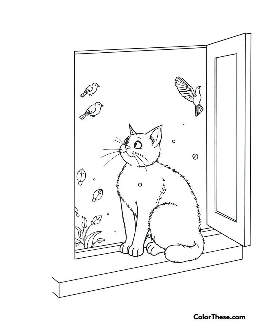 Free printable cat window watch coloring page for kids and adults - A a curious cat perched on a windowsill, watching birds outside.