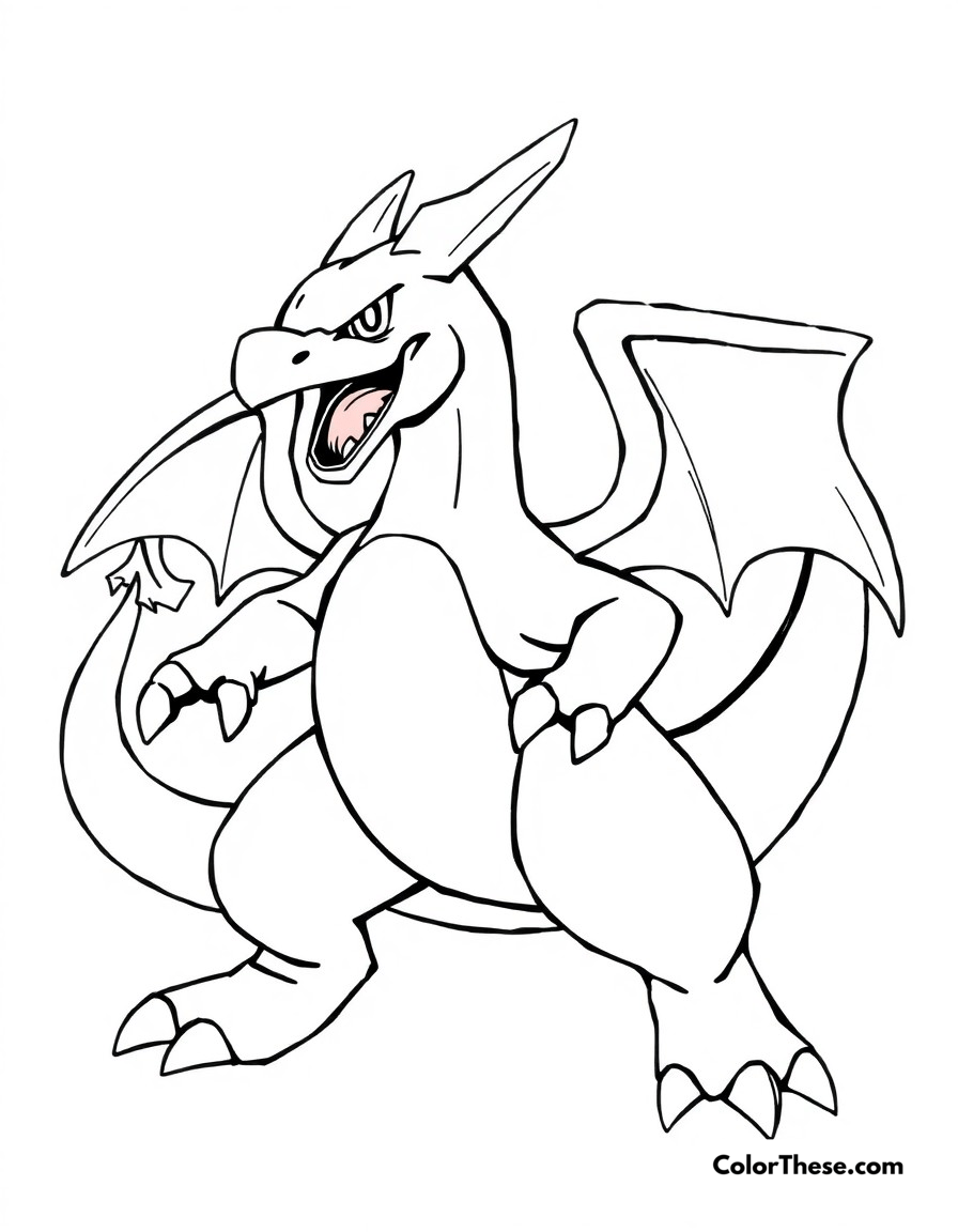 Free printable charizard battle stance coloring page for kids and adults - A a fierce charizard in battle position, ready to face any challenger.