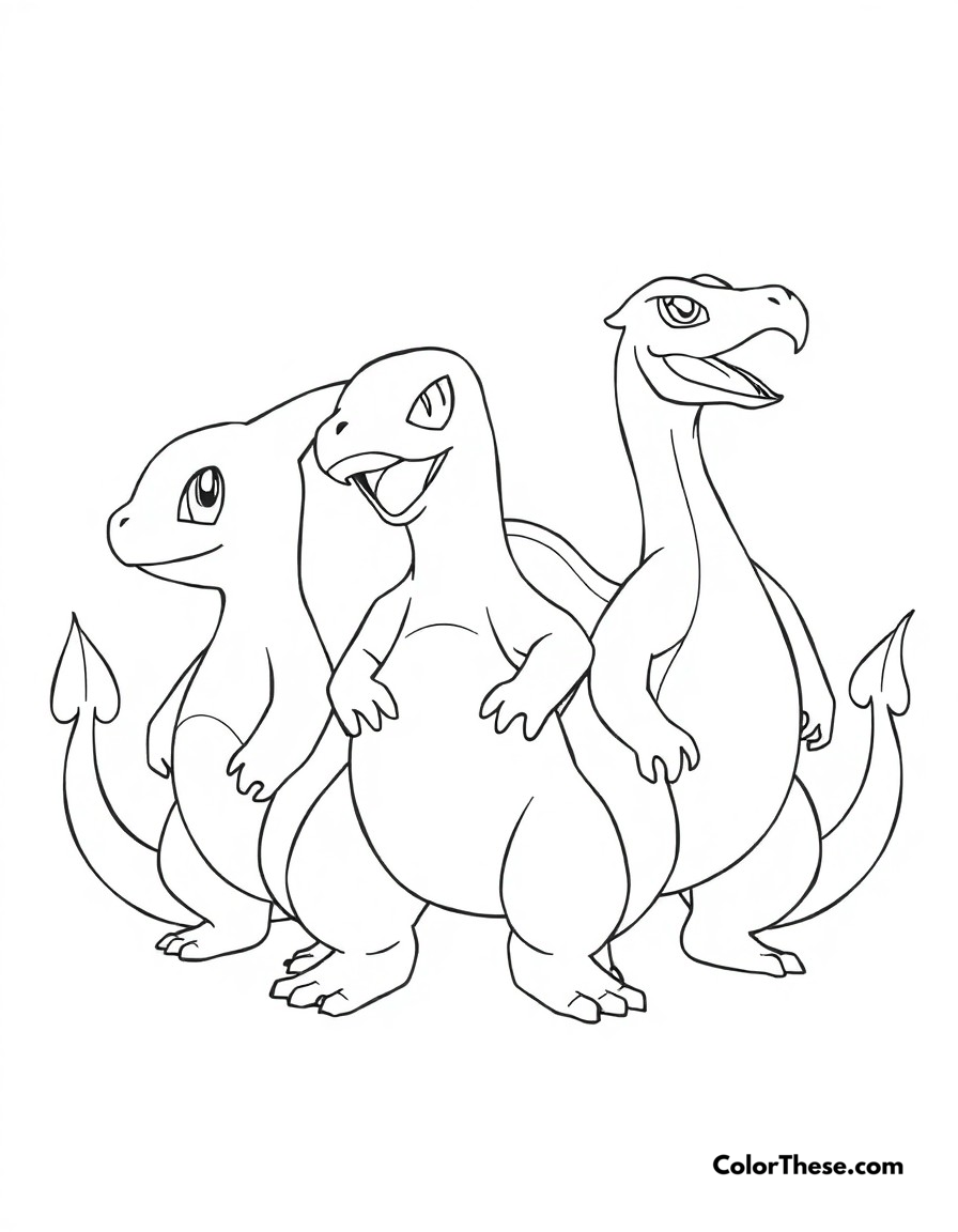 Free printable charizard evolution line coloring page for kids and adults - A the complete evolution line from charmander to charmeleon to charizard.