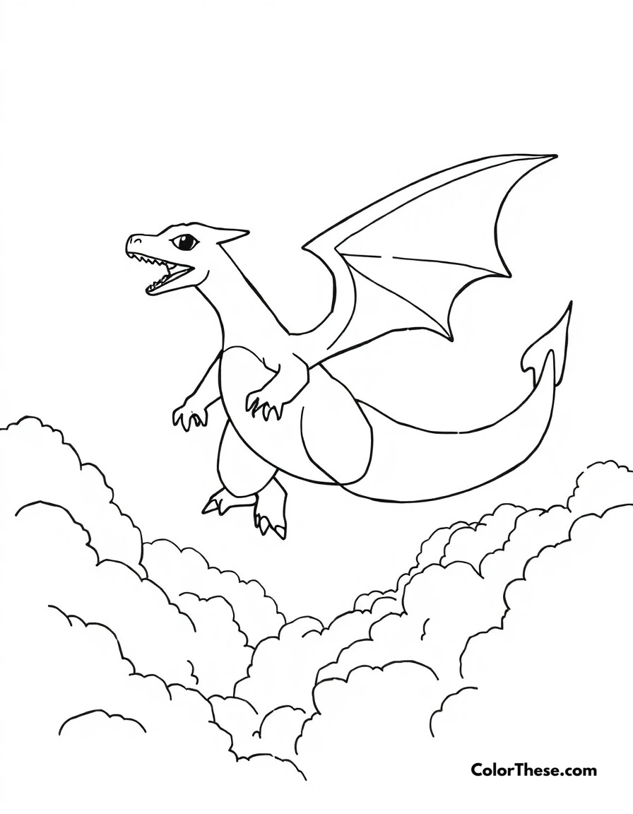 Free printable charizard flying high coloring page. Charizard soaring through the clouds, wings spread majestically.