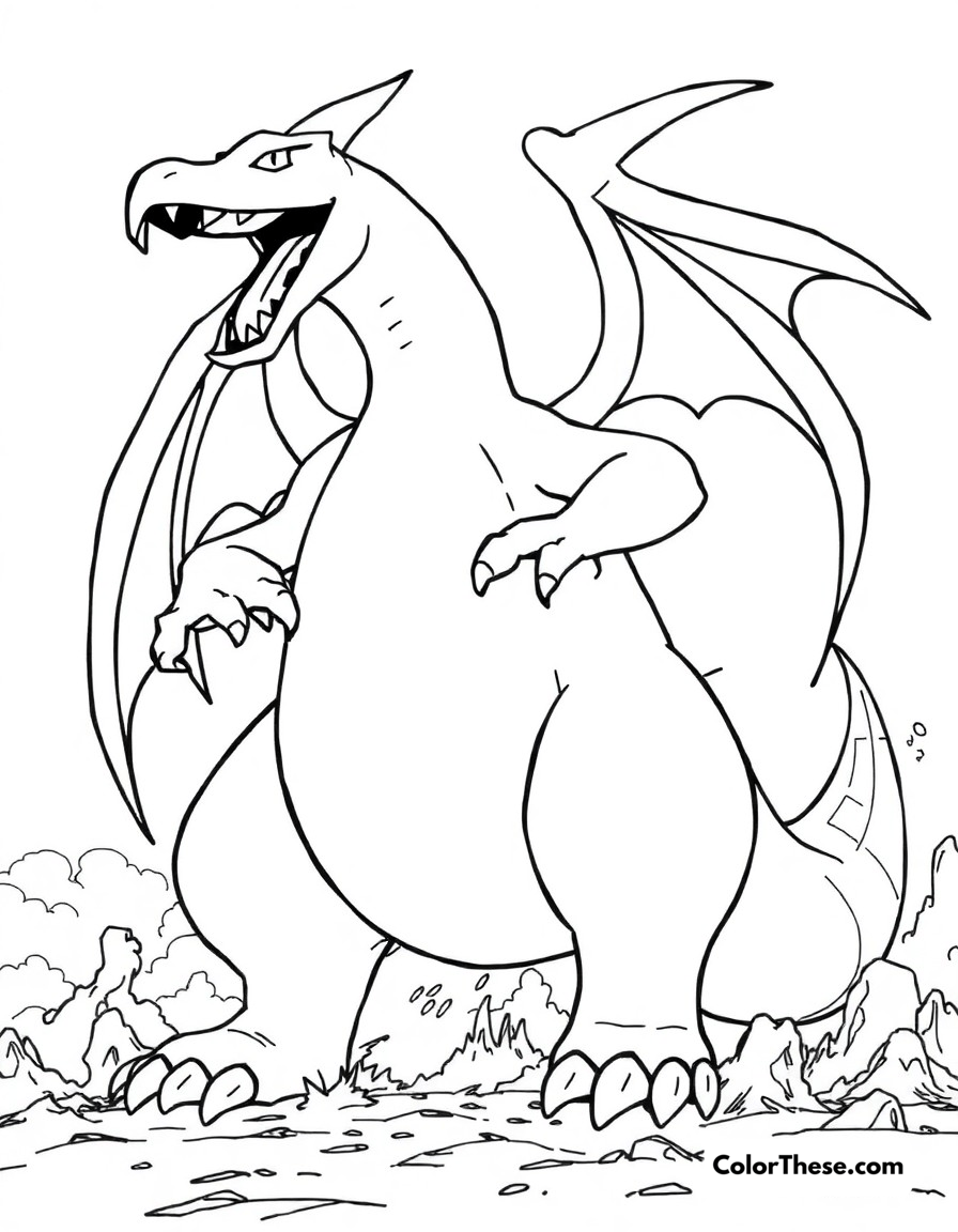 Free printable charizard gigantamax coloring page for kids and adults - A the massive gigantamax form of charizard towering over the battlefield.