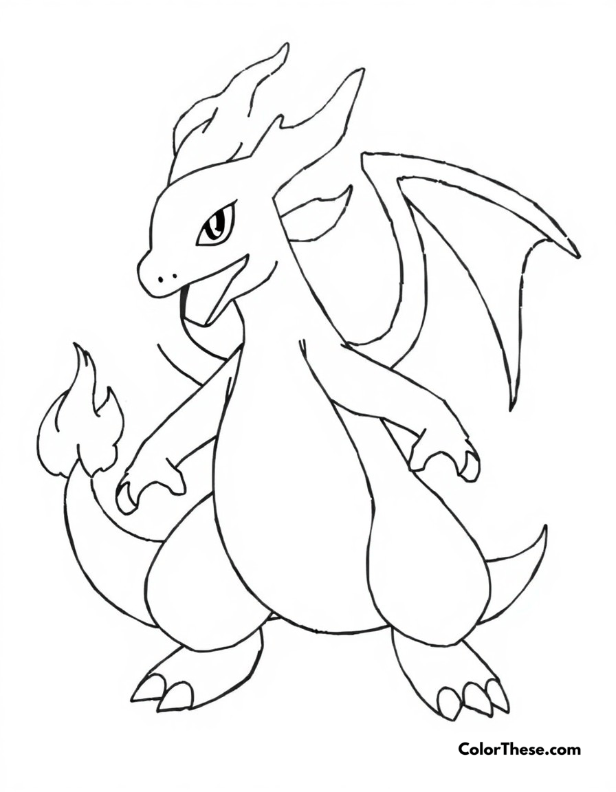 Free printable charizard mega evolution x coloring page for kids and adults - A mega charizard x showing off its black coloring and blue flames.