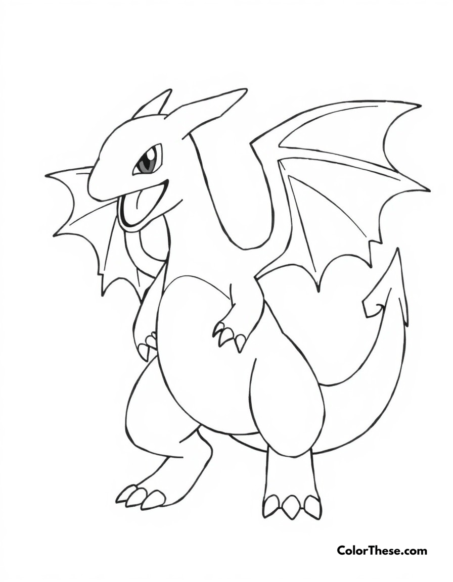 Free printable charizard mega evolution y coloring page for kids and adults - A mega charizard y with its distinctive wing design and slender form.