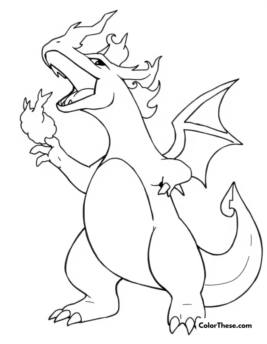 Free printable charizard victory roar coloring page for kids and adults - A charizard celebrating victory with a powerful roar and flame display.