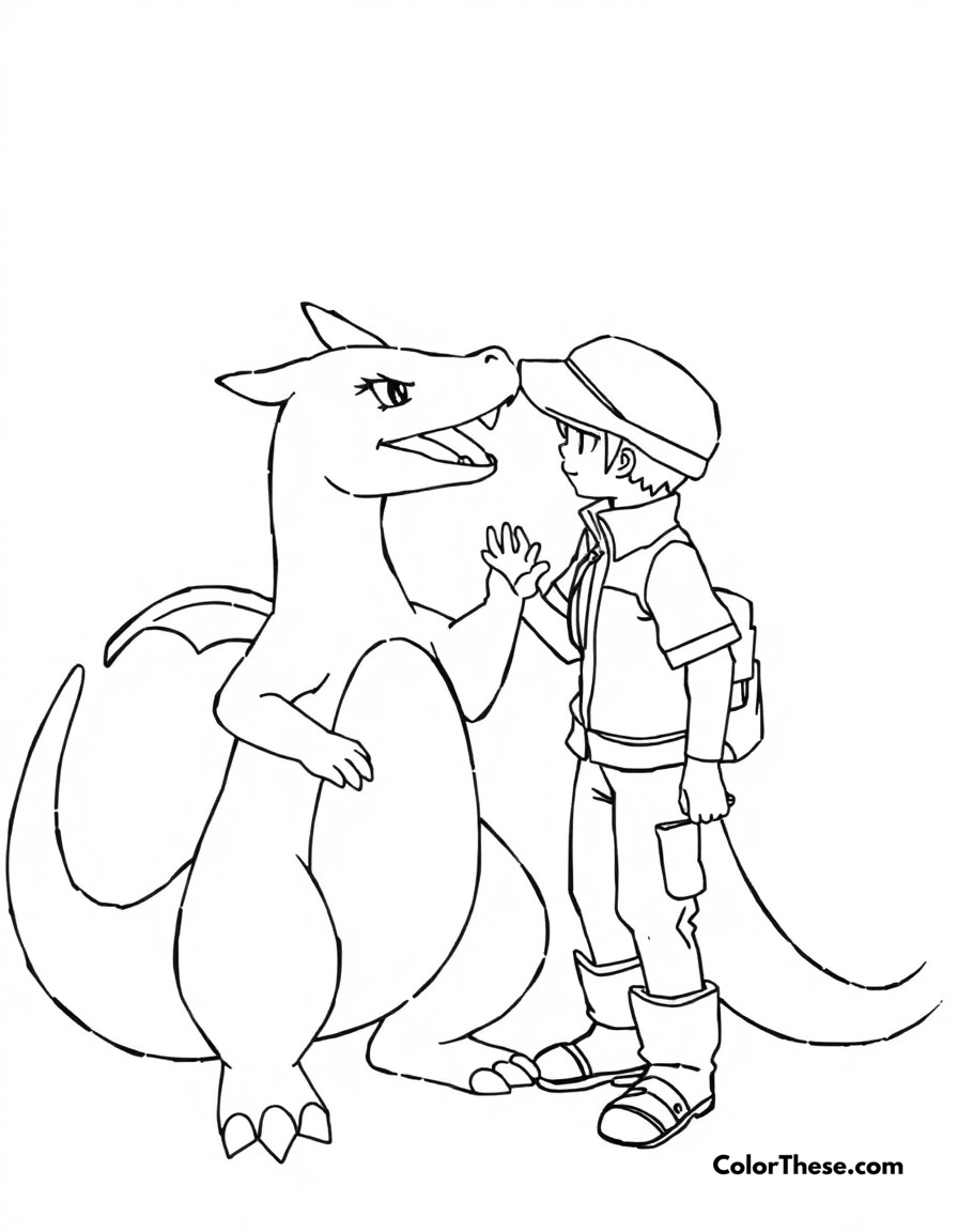 Free printable charizard with trainer coloring page for kids and adults - A a touching moment between charizard and its trainer showing their bond.