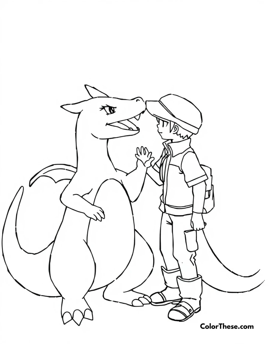 Free printable charizard with trainer coloring page. A touching moment between Charizard and its trainer showing their bond.