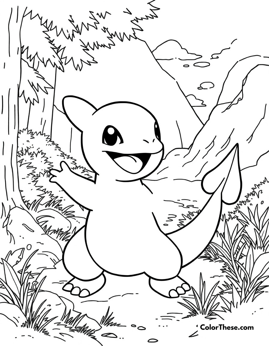 Free printable charmander's berry feast coloring page for kids and adults - A charmander enjoying a delicious variety of pokémon berries.