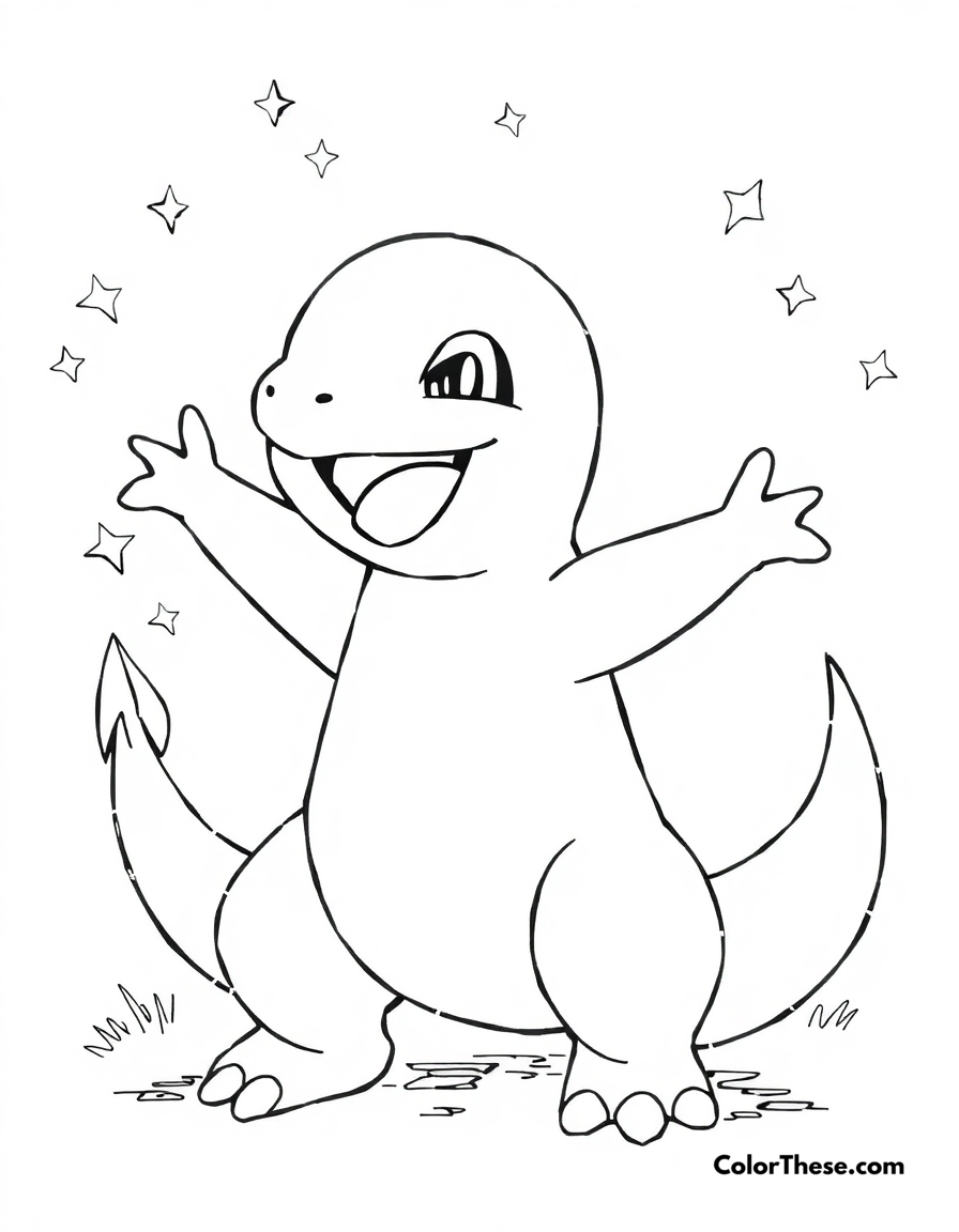 Free printable charmander's brave stand coloring page for kids and adults - A a determined charmander facing its first real challenge with courage.