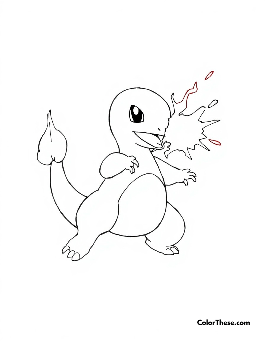 Free printable charmander's first ember coloring page for kids and adults - A charmander mastering its first ember attack with excitement.