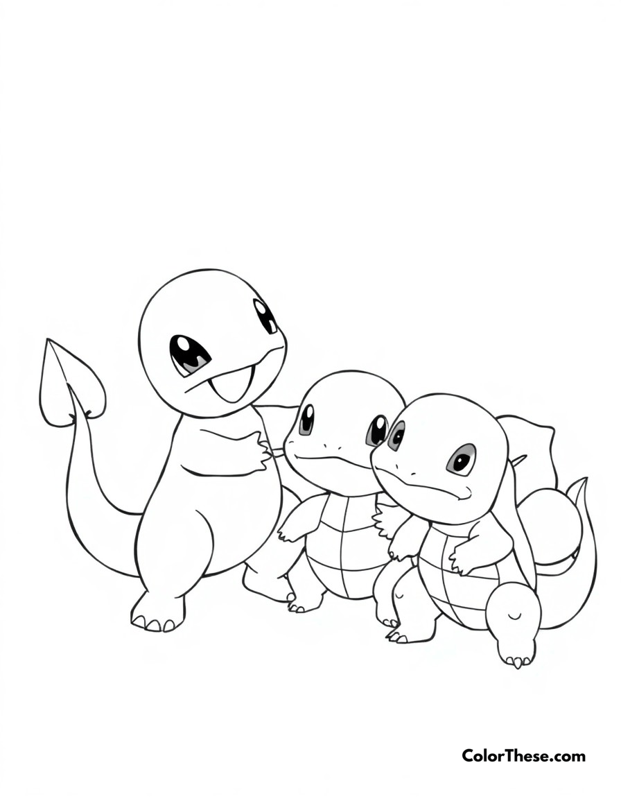 Free printable charmander and friends coloring page for kids and adults - A charmander playing with squirtle and bulbasaur in a friendly scene.