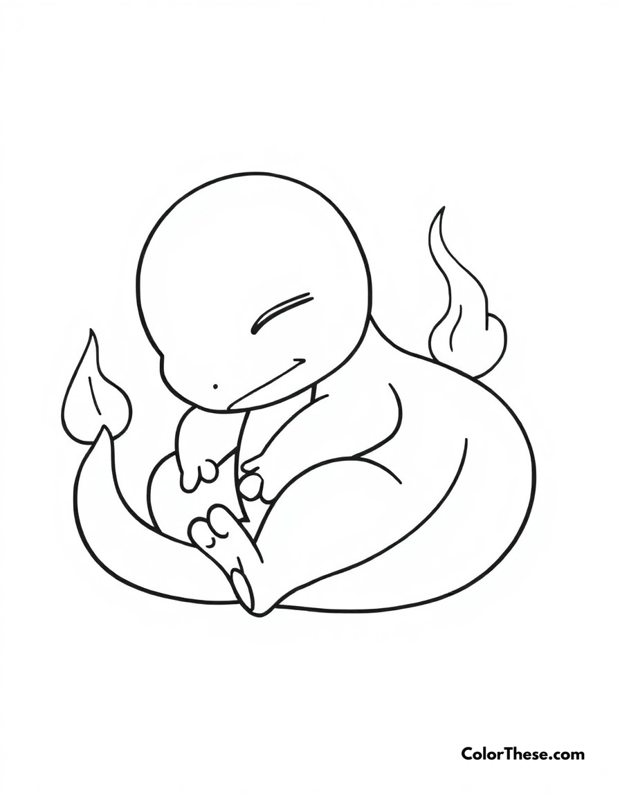 Free printable charmander's naptime coloring page for kids and adults - A a peaceful scene of charmander taking a cozy afternoon nap.