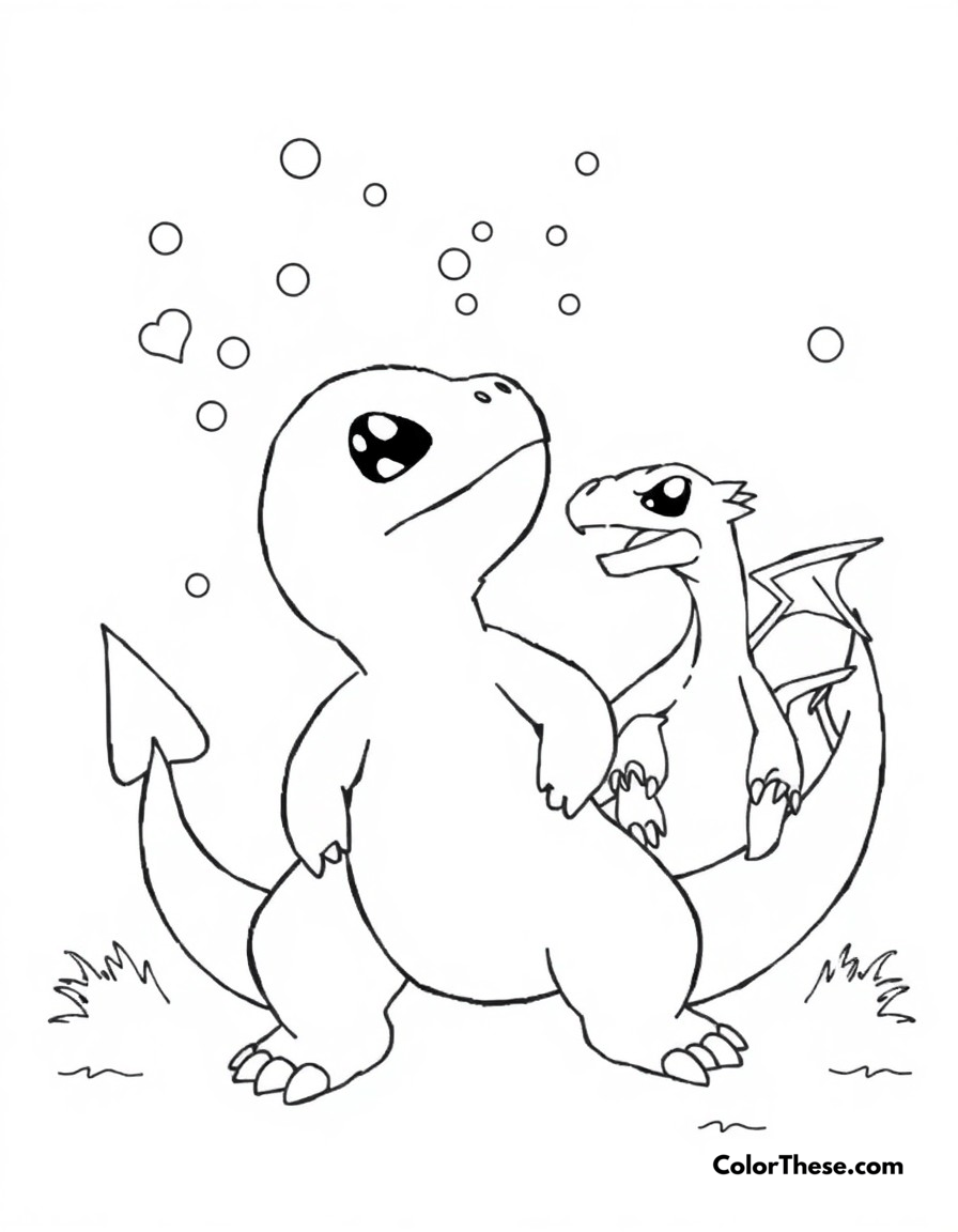 Free printable charmander's starry night coloring page for kids and adults - A charmander gazing at the stars with wonder on a peaceful night.