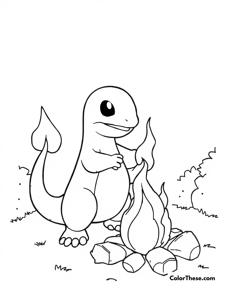 Free printable charmander's playtime coloring page for kids and adults - A charmander having fun with toys and playful activities.