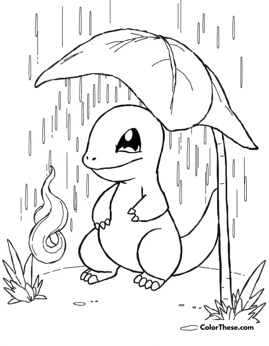 Free printable charmander's rainy day coloring page for kids and adults - A charmander carefully protecting its tail flame during a rainy day.