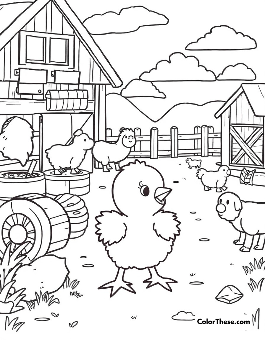 Free printable chick barnyard fun coloring page for kids and adults - A baby chick exploring the barnyard with various farm equipment and animals.