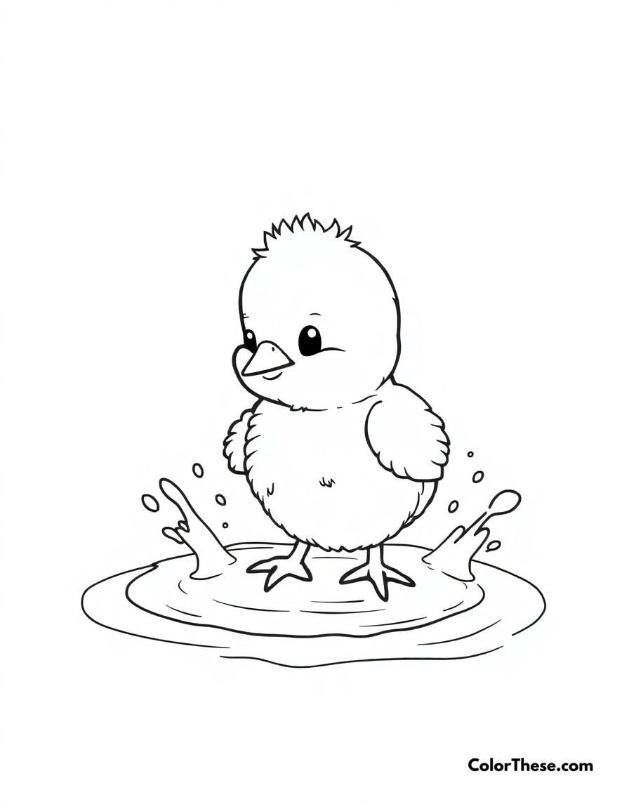 Free printable chick bath time coloring page for kids and adults - A cute chick splashing in a small water puddle, having fun getting clean.