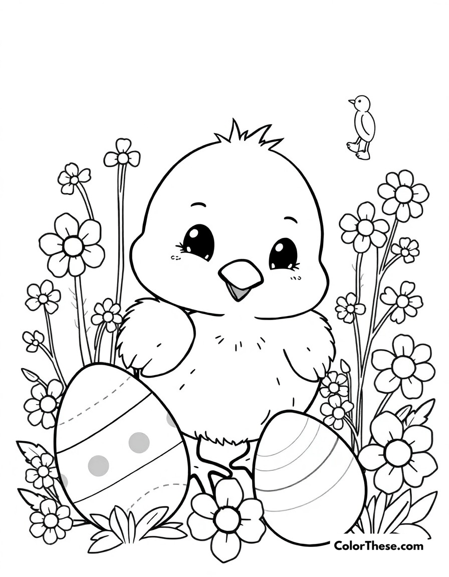 Free printable chick easter fun coloring page for kids and adults - A adorable chick with easter eggs and spring flowers.