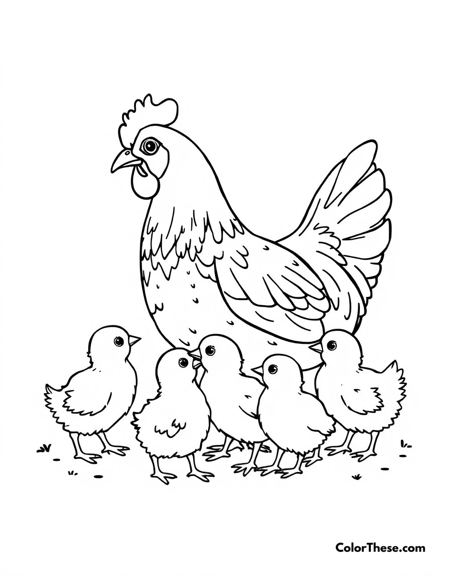 Free printable chick family time coloring page for kids and adults - A mother hen with her baby chicks gathered around, showing family love.