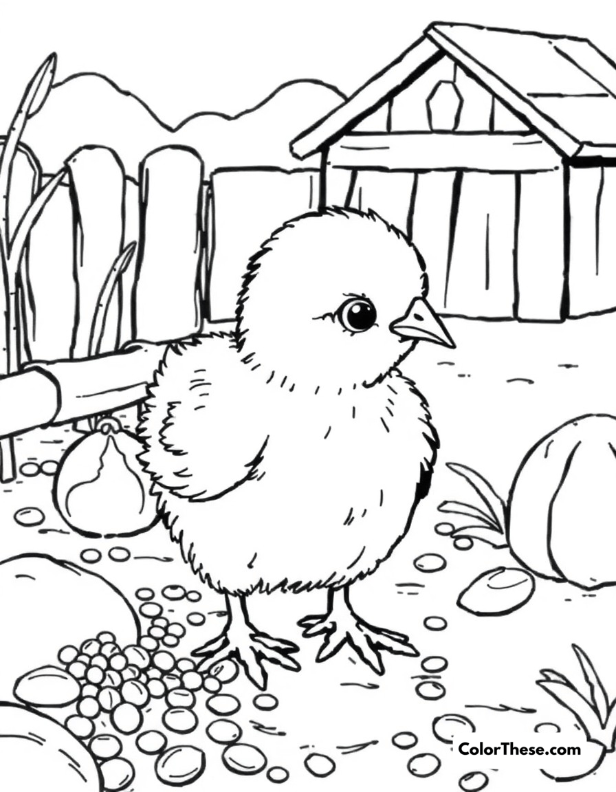 Free printable chick feeding time coloring page for kids and adults - A little chick pecking at seeds and grains in the farmyard.