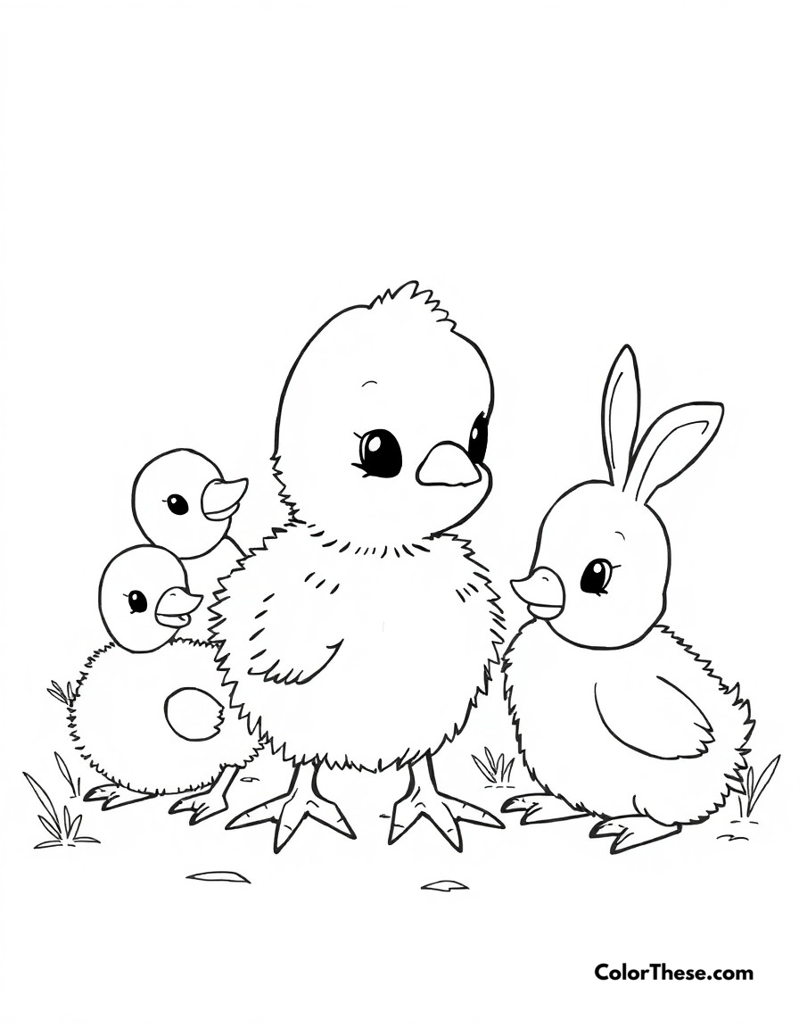 Free printable chick farm friends coloring page for kids and adults - A baby chick playing with other farm animal babies like ducklings and bunnies.