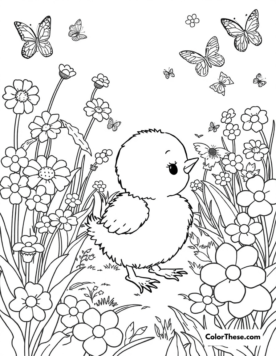 Free printable chick garden play coloring page for kids and adults - A baby chick exploring a garden full of flowers and butterflies.