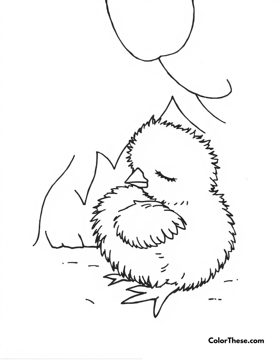 Free printable chick naptime coloring page for kids and adults - A sleepy baby chick taking a peaceful nap under mother hen's wing.